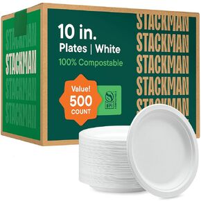 100% Compostable Paper Plates 10 Inch Bulk [500 Count] Heavy-Duty Dinner Plates - Natural White Color Unbleached Bagasse - Eco-Friendly Disposable Biodegradable Sugarcane Plates - [Case 4/125 Pack] in Kuwait