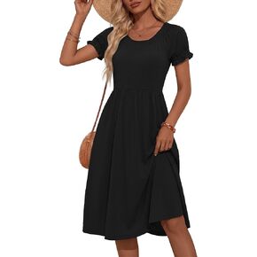 فستان شمس نسائي صيفي متوسط ​​الطول من HUHOT بأكمام منتفخة وياقة دائرية وجيوب 2026 in Kuwait