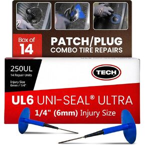 TECH UL6 Uni-Seal Ultra Tire Repairs - One-Piece Stem and Cap Tire Patch Plug for Punctures up to 1/4" (6mm), Permanent Seal for All Types of Tires, Easy-to-Use & Efficient Repair Solution, Box of 14 in Kuwait