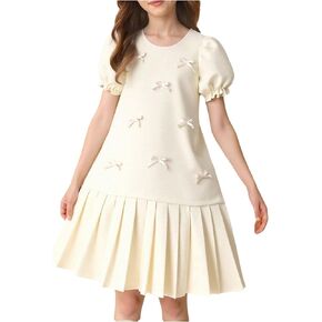 SweatyRocks Girl's Bow Pleated A Line Dresses Puff Short Sleeve Cute Short Dress in Saudi Arabia