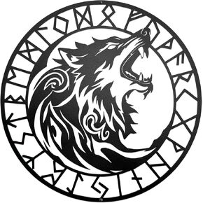 Viking Wolf Wall Decor - Norse Decor Metal Art with Howling Wolfs and Norse Runes Design | Nordic Wall Decor, Viking Home Decorations Wolf Art for Home, Outdoor, Gift for Viking Culture Enthusiasts in Kuwait