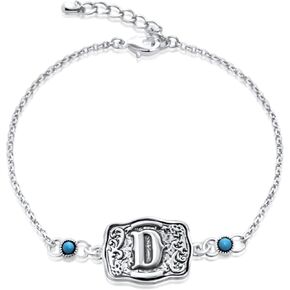 Western Initial Bracelet in Sterling Silver with Genuine Kingman Turquoise – Antique Finish Belt Buckle Design, Adjustable Lightweight Western Jewelry for Women in Saudi Arabia