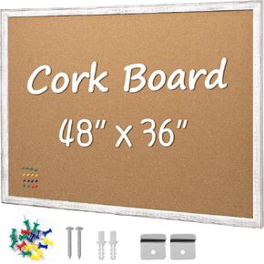 لوحة إعلانات Board2by Cork Board مقاس 36 × 48، لوحة فلين بإطار خشبي أبيض مقاس 4x3، لوحة مكتب لفلين الحائط، لوحة دبوس إشعار كبيرة مثبتة على الحائط مع 16 دبابيس دفع للمدرسة والمنزل والمكتب in Kuwait