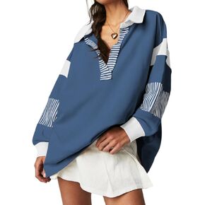 Womens Oversized Striped Sweatshirts V Neck Loose Fit Tunic Colorblock Polo Shirts Patchwork Pullover Tops in Kuwait