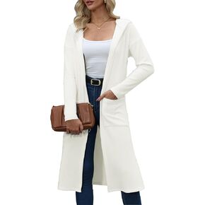 MAKABO Long Lightweight Off White Hooded Cardigans for Womens, Winter V Neck Knit Open Front Sweaters Loungewear with Pockets, M in Kuwait