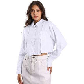 Womens Pure Linen Shirt Cropped Button Down Long Sleeve Trendy Blouse in Kuwait