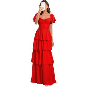 Chiffon Ruched Bridesmaid Dresses for Women Long A Line Short Sleeves Tiered Pleated Wedding Guest Dress in Kuwait