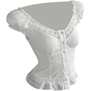 OYOANGLE Women's Blouses Cap Sleeve Eyelet Embroidery Button Up Blouse Y2K Ruffle Hem Fairy Tops in Kuwait