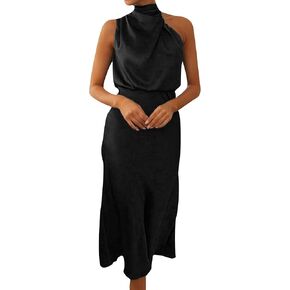 فستان EFOFEI نسائي صيفي من الساتان أنيق بدون أكمام ورقبة وهمية وحفلات الكوكتيل متوسطة الطول in Kuwait