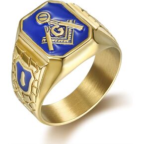 Men's Blue Enamel Masonic Ring Master Mason Symbol, Vintage Freemason Gold Titanium Steel Jewelry in Kuwait