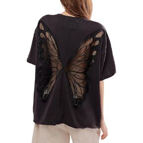 Women Sheer Butterfly T Shirt Short Sleeve Cut Out Back Tee Top Embroidered Oversized Tee Shirts Streetwear in Kuwait