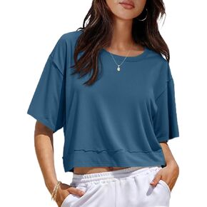 UNCLECAT Womens Short Sleeve Cropped T Shirts Crew Neck Trendy Tops Casual Solid Loose Fit Basic Tees in Kuwait