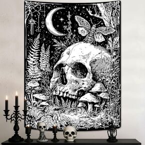 lifeella نسيج الجمجمة القوطية، رعب القمر الهيكل العظمي فراشة جدار الفن لغرفة النوم غرفة الجرونج ديكور عمودي، أبيض وأسود 44x60 بوصة in Kuwait