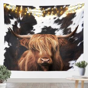 Highland Cattle Tapestry Cow Fur Wall Hanging for Kids Teens Boys Girls Room Decor, Farmhouse Animals Cowhide Wall Blanket Tapestries Black White Brown Rustic Wall Art Hanging, Small 51.2 x 59.1 Inches in Kuwait