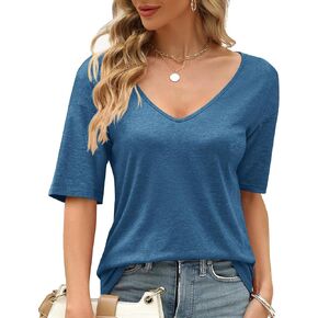 Sherosa Womens T Shirts V-Neck Half Sleeve Loose Fit Shirts Casual Solid Basic Tops in Kuwait