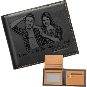 محافظ مخصصة للرجال، محفظة صور مخصصة محفورة، محفظة جلدية ثلاثية الطي (أسود) in Kuwait