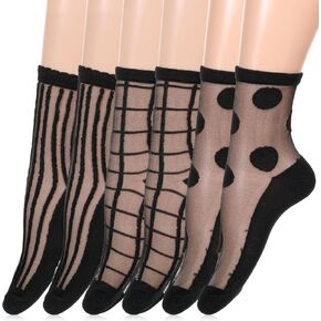 3 Pairs Sheer Socks Women Ankle, Black Checkered Polka Dot Striped Plaid Geometric See Through Socks Mesh Sock Sheer Sock with Designs for Women Girls in Saudi Arabia