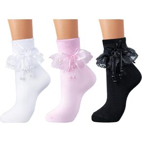 NiceBaby Womens Ruffle Socks, Cotton Ankle Socks with Bow and Pearl Tassels, Lace Frilly Style in Kuwait