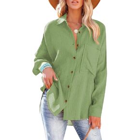TYQQU Women's Basic Button Up Coat V Neck Shirts Long Sleeve Casual Loose Blouse Fall Simple Plus Size Tops in Kuwait