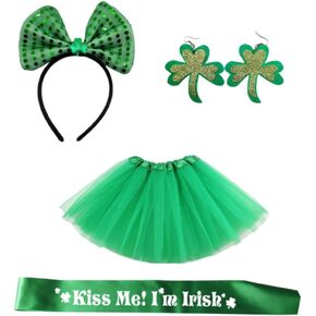 مجموعة أزياء عيد القديس باتريك مكونة من 4 قطع، تنورة توتو خضراء، أقراط شامروك، عصابة رأس على شكل ربطة عنق، وشاح، مجموعة إكسسوارات الحفلات للنساء، ديكورات أيرلندية in Kuwait