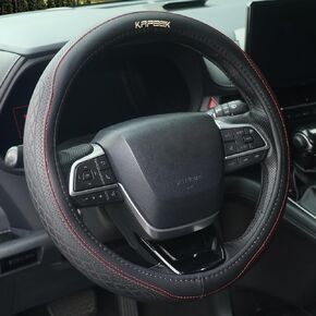 KAFEEK 15 inch Steering Wheel Cover, Breathable Perforated Microfiber Leather, Sporty Diamond Texture, Anti-Slip Red Stitching Car Steering Wheel Protector, Universal Fit for Cars SUVs Trucks, Black in Kuwait