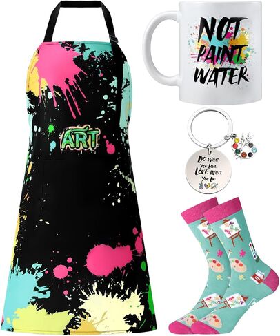 Mepase 4 Pcs Painting Artist Gift Set for Women Include Paint Artist Waterproof Apron Keychain Mug Novelty Socks Creative Holiday Birthday Gift for Art Lover Teacher Colleague Painters in Saudi Arabia