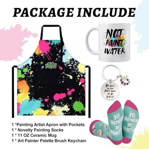 Mepase 4 Pcs Painting Artist Gift Set for Women Include Paint Artist Waterproof Apron Keychain Mug Novelty Socks Creative Holiday Birthday Gift for Art Lover Teacher Colleague Painters in Saudi Arabia
