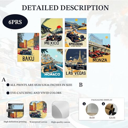 WLHARTT Car Posters F1 Wall Art Set of 6, Vintage Men Racing Canvas Wall Decor Paintings, Colorful Race Car Prints Pictures for Boy Room Men Room Bedroom Office Unframed 8x10 Inch in Saudi Arabia