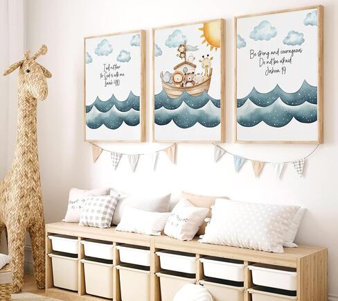 3Pcs Children's Bible Verse Wall Art Noahs Ark Nursery Painting picture Christian Inspirational Wall Decor Religious Educational Posters Prints for Kids Bedroom Classroom Home Decoration 12x16in in Saudi Arabia