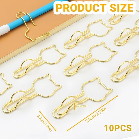 10-Pack Metal Pen Clips - Cute Cat Shaped Gold Paperclip Pen Holder for Notebooks and Papers - Metal Pen Clip Holder and Pen Holder Clip - School Office Supplies in Kuwait