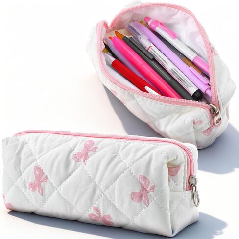 Preppy Pencil Case, Pencil Case Pink Cotton Pouch with Bow Design, Aesthetic Storage Bag for School, Office Makeup, Gift for Women(White) in Kuwait