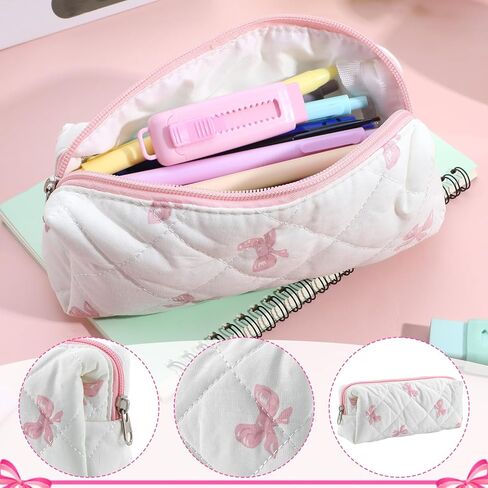 Preppy Pencil Case, Pencil Case Pink Cotton Pouch with Bow Design, Aesthetic Storage Bag for School, Office Makeup, Gift for Women(White) in Saudi Arabia