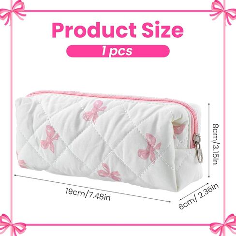 Preppy Pencil Case, Pencil Case Pink Cotton Pouch with Bow Design, Aesthetic Storage Bag for School, Office Makeup, Gift for Women(White) in Saudi Arabia