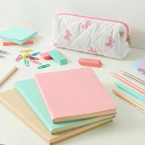 Preppy Pencil Case, Pencil Case Pink Cotton Pouch with Bow Design, Aesthetic Storage Bag for School, Office Makeup, Gift for Women(White) in Saudi Arabia