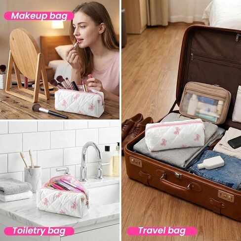 Preppy Pencil Case, Pencil Case Pink Cotton Pouch with Bow Design, Aesthetic Storage Bag for School, Office Makeup, Gift for Women(White) in Saudi Arabia