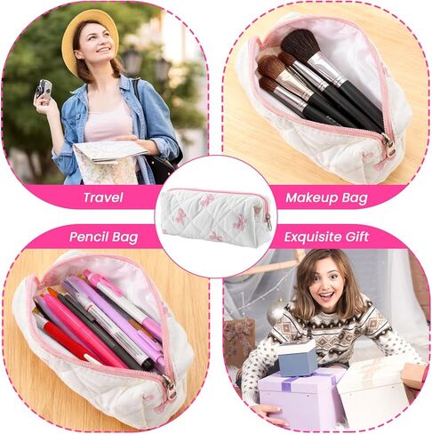 Preppy Pencil Case, Pencil Case Pink Cotton Pouch with Bow Design, Aesthetic Storage Bag for School, Office Makeup, Gift for Women(White) in Saudi Arabia
