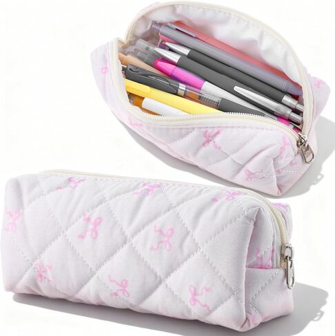 Preppy Pencil Case, Pencil Case Pink Cotton Pouch with Bow Design, Aesthetic Storage Bag for School, Office Makeup, Gift for Women(White) in Saudi Arabia