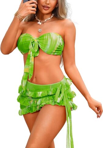 Women's Tie Dye Bikini Set - 3 Piece Bandeau Thong Sexy Swimsuit with Tiered Ruffle Skirt for Pool Party Vacation in Saudi Arabia