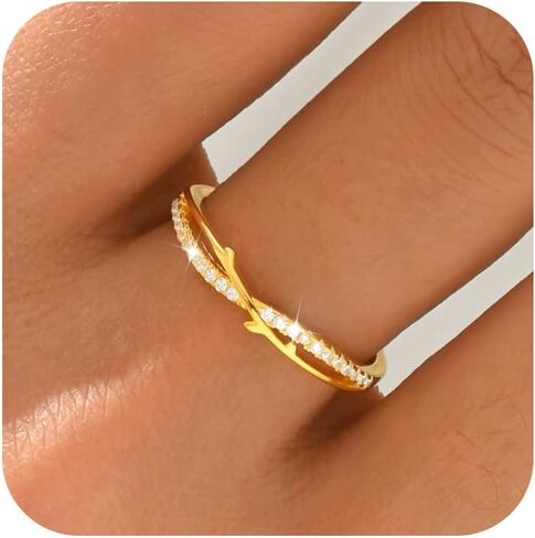 Dainty Branch Ring for Women, 925 Sterling Silver Cubic Zirconia Twig Ring for Mother Daughter 14K Gold Plated Crystal Promise Leaf Stacking Finger Rings Birthday Mother's Day Jewelry Gift Size 5-8 in Kuwait