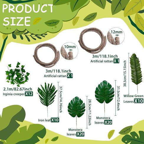 AerWo Jungle Party Decorations, 2Pcs 10FT Bendable Artificial Tree Fake Vine 60 Tropical Palm Leaves 12 Fakes Ivy Vines, Fake Leaves Vine for Bedroom Indoor Forest Jungle Luau Party Decorations in Kuwait