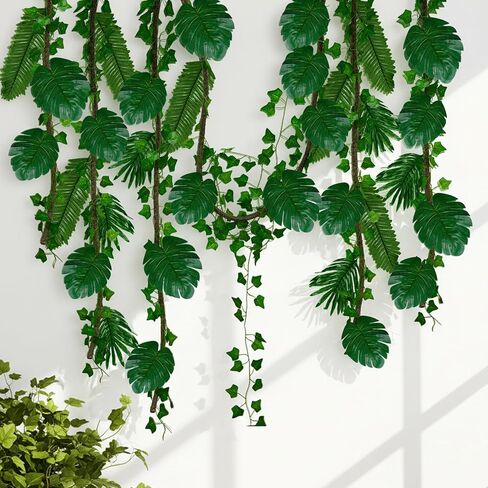 AerWo Jungle Party Decorations, 2Pcs 10FT Bendable Artificial Tree Fake Vine 60 Tropical Palm Leaves 12 Fakes Ivy Vines, Fake Leaves Vine for Bedroom Indoor Forest Jungle Luau Party Decorations in Kuwait