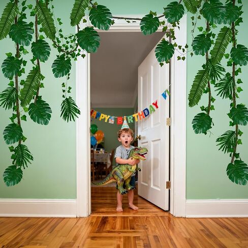 AerWo Jungle Party Decorations, 2Pcs 10FT Bendable Artificial Tree Fake Vine 60 Tropical Palm Leaves 12 Fakes Ivy Vines, Fake Leaves Vine for Bedroom Indoor Forest Jungle Luau Party Decorations in Kuwait