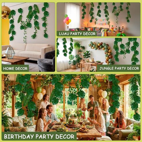 AerWo Jungle Party Decorations, 2Pcs 10FT Bendable Artificial Tree Fake Vine 60 Tropical Palm Leaves 12 Fakes Ivy Vines, Fake Leaves Vine for Bedroom Indoor Forest Jungle Luau Party Decorations in Kuwait