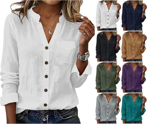 Cotton Shirts for Women Dressy Spring Long Sleeve Button Down Blouses Summer Pockets Trendy Travel Loose Casual Tops in Kuwait
