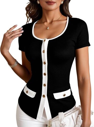 Women's Summer Button Down Tight T Shirts Elegant Scoop Neck Ribbed Knit Work Office Tops in Saudi Arabia