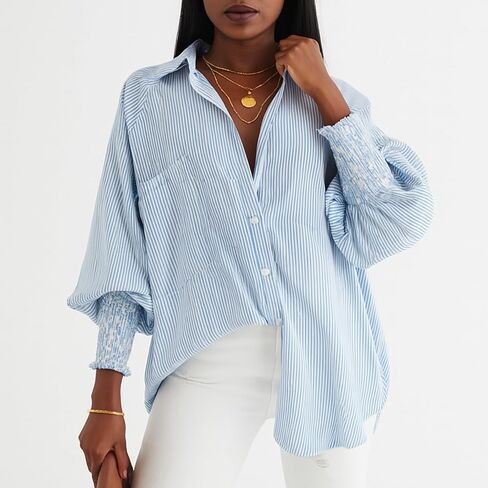 Women's Striped Long-Sleeve Shirt, Oversized Button Down Blouse, Casual & Versatile, Blue in Saudi Arabia