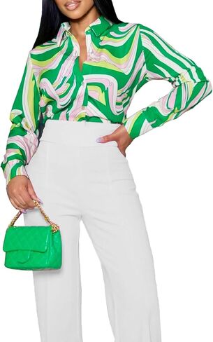 PINSV Women's Printed Button Down Shirt Long Sleeve Lapel Dressy Casual Work Blouse in Saudi Arabia