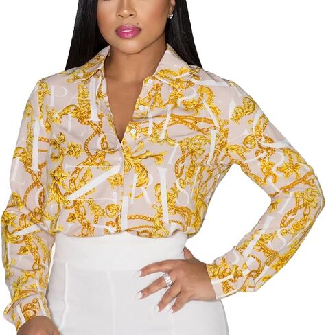 PINSV Women's Printed Button Down Shirt Long Sleeve Lapel Dressy Casual Work Blouse in Kuwait