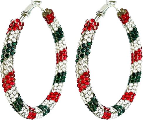 Colorful Shiny Glitter Christmas Sequins Wrapped Big Hoop Earrings Handmade Sparkle Rhinestone Crystal Red Green White Circle Round Dangle Earrings for Women Xmas Party Holiday Jewelry Gifts in Saudi Arabia