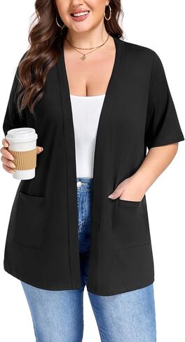 Plus Size Short Sleeve Cardigan for Womens Lightweight Casual Soft Open Front Cardigan Cover ups with Pockets in Saudi Arabia